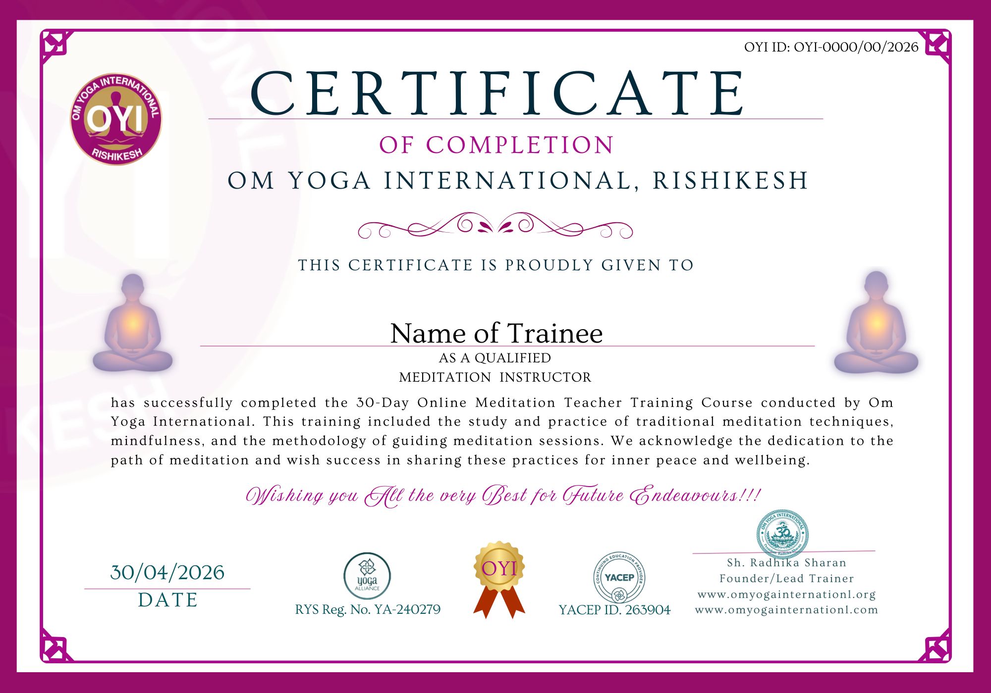 Meditation Teacher Training Course certificate sample